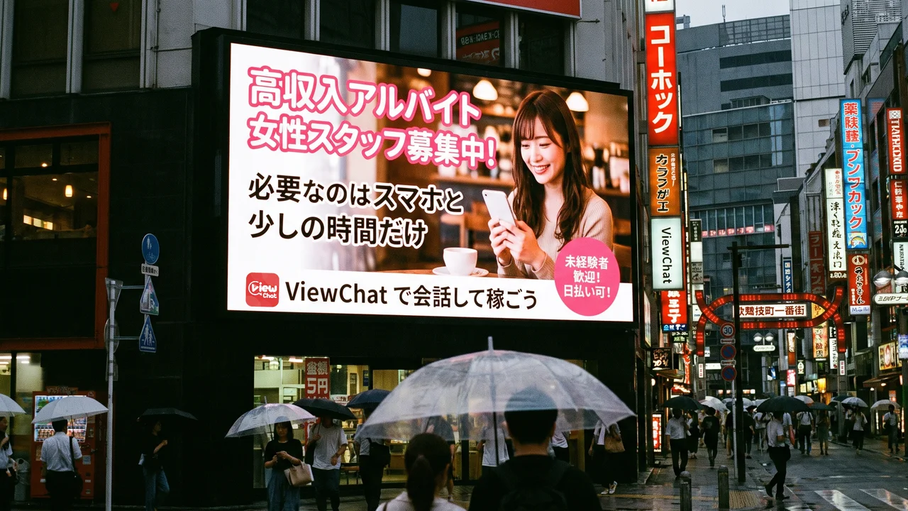 アルバイト募集の看板と人々